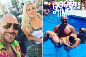  SWIM WHEN YOU'RE WINNING Tyson Fury carries wife Paris in pool in Marbella as pair relax on holiday after Anthony Joshua meeting